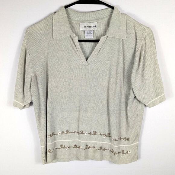 CD Petites M Linen Rayon Knit Top Collar Embroidered Floral Cottagecore Shirt - Picture 1 of 5